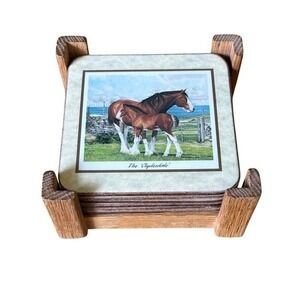 Vintage Pimpernel Horse Coasters (6) Cork Backed w/ Hand Crafted Wooden Holder